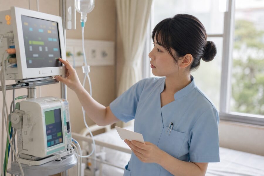 病室でベッドサイドモニターを確認する新人看護師