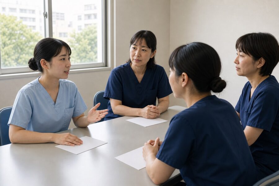 自然光の会議室で複数の看護師へ話す新人看護師