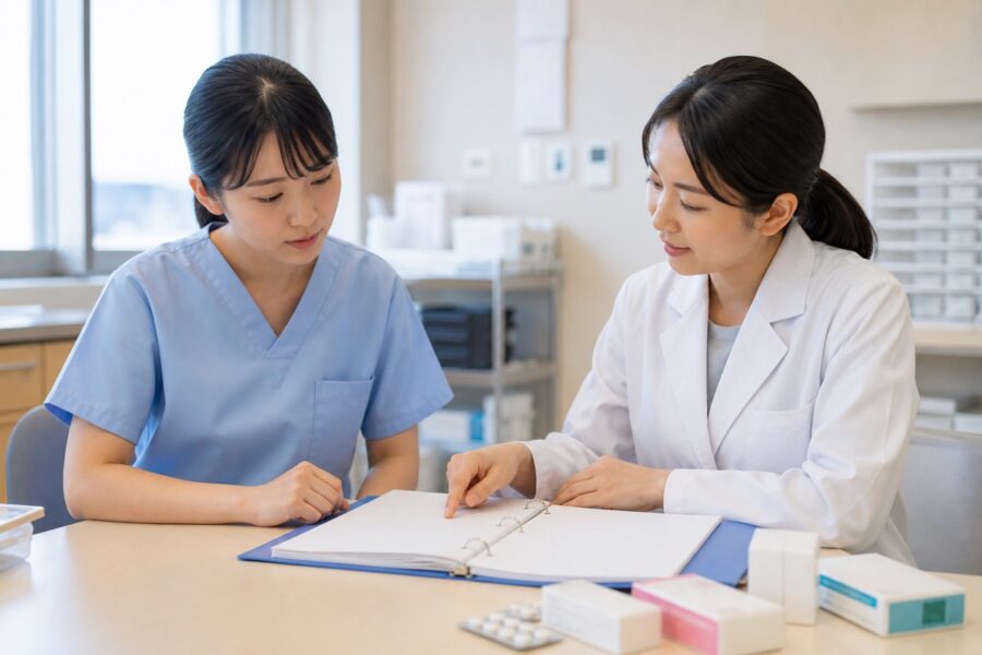 机上の資料を医療者と確認する新人看護師