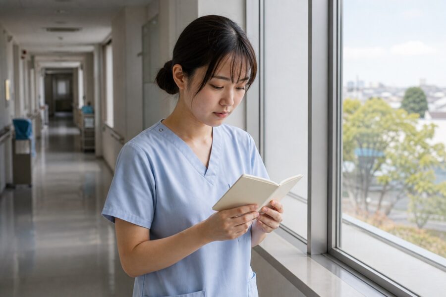 自然光の病院廊下で開いたノートを確認する新人看護師