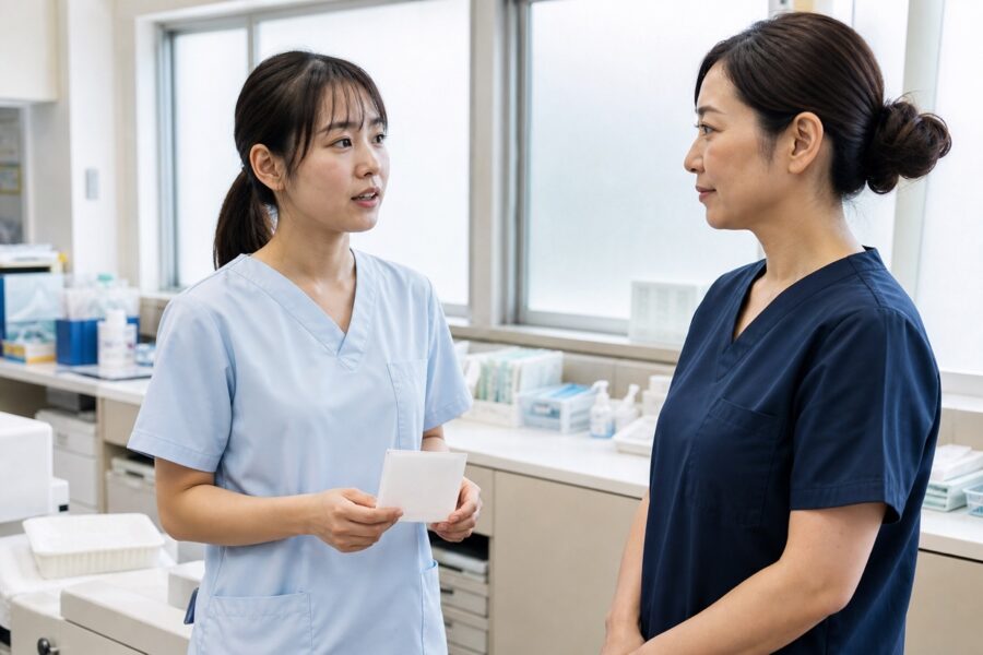 明るいスタッフステーションで白いカードを持ち先輩看護師と話す新人看護師