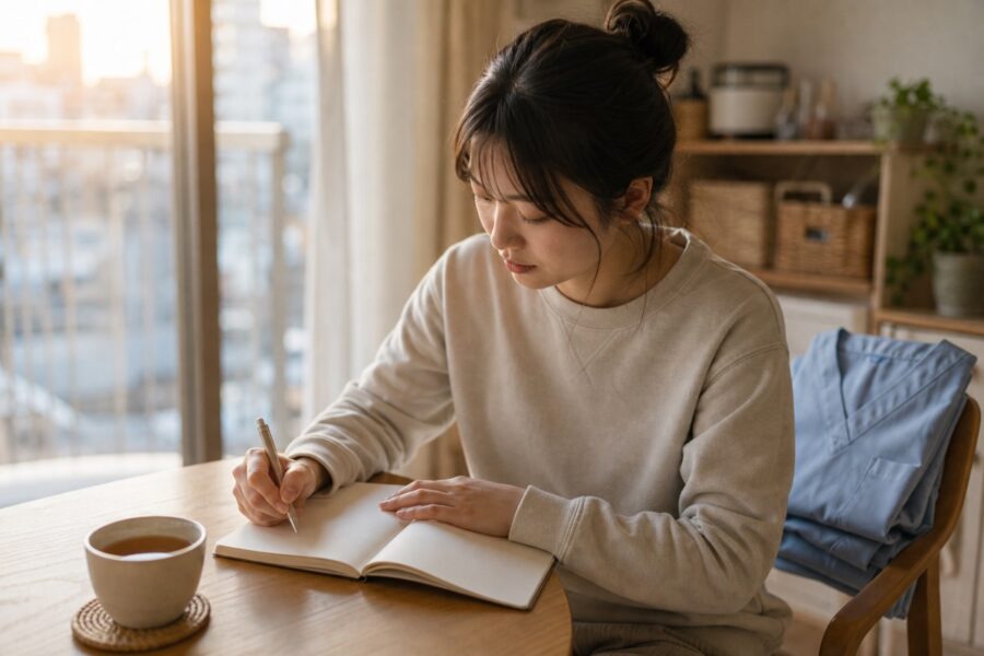 自然光の自宅で温かい飲み物を置きノートへ書く新人看護師