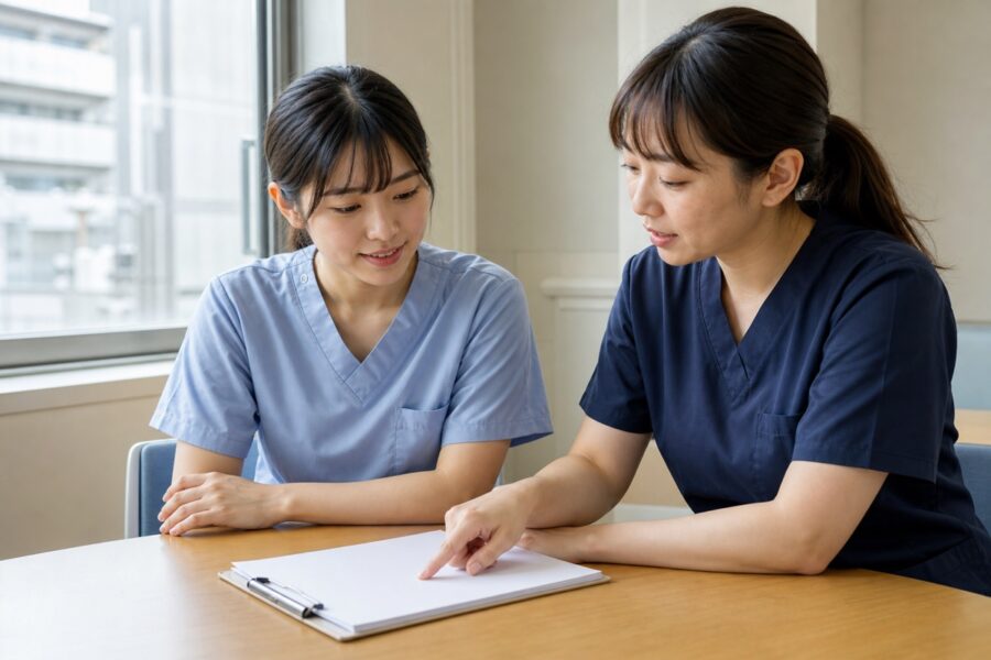 机上の資料を先輩看護師と確認する新人看護師
