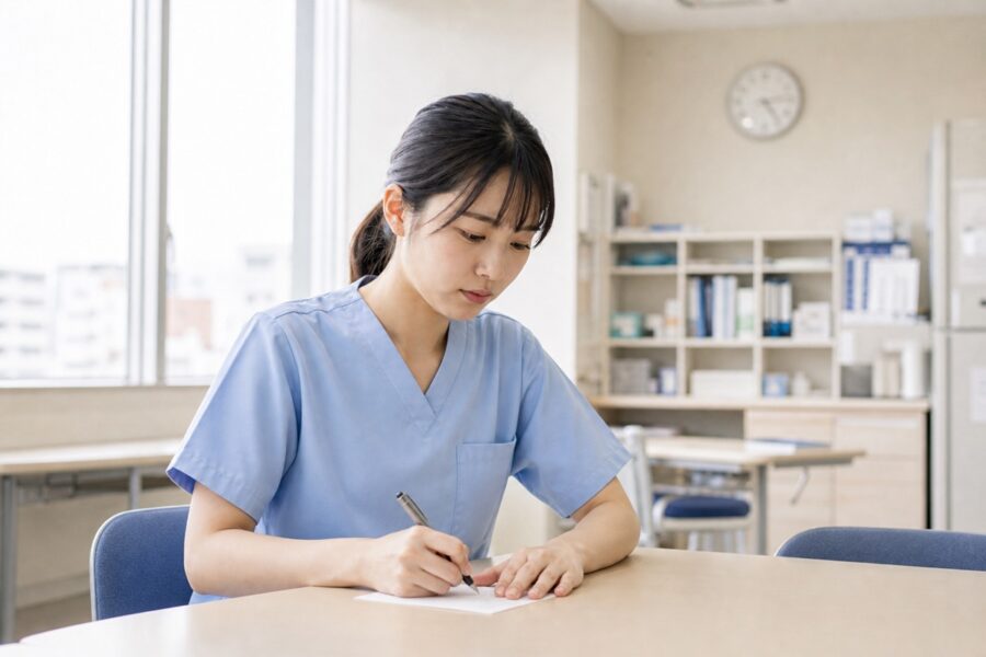 優先順位に迷い、業務メモを見直す新人看護師