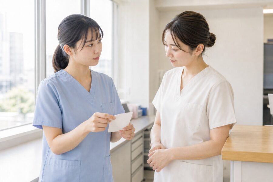 業務が重なった場面で先輩看護師へ相談する新人看護師