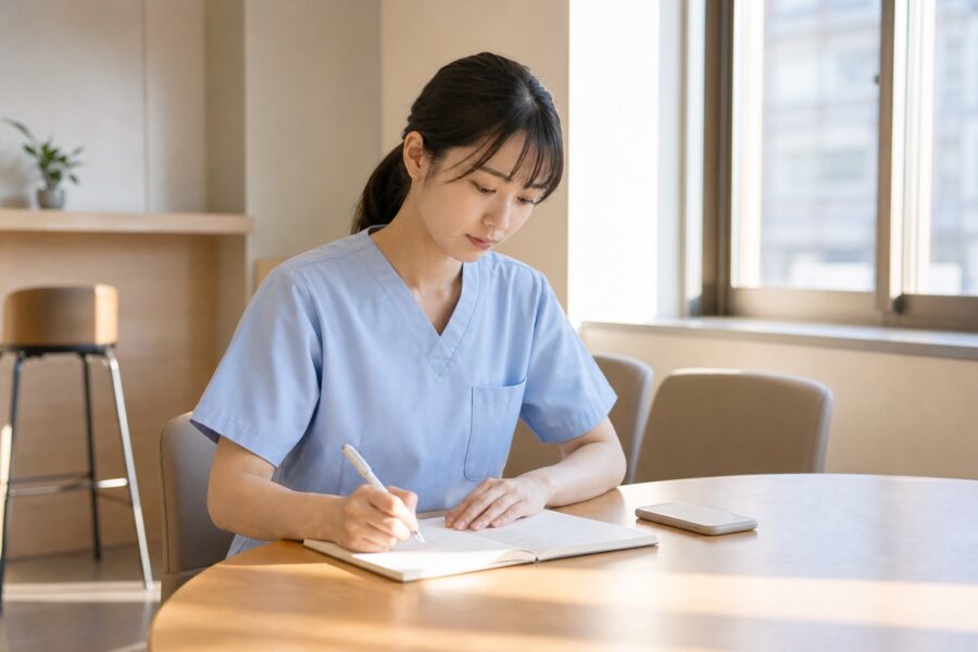 勤務後に看護の優先順位を振り返る新人看護師