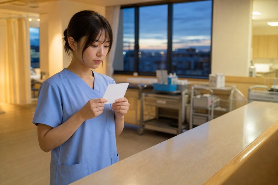 夕方のナースステーションで夜勤前にカードを確認する新人看護師