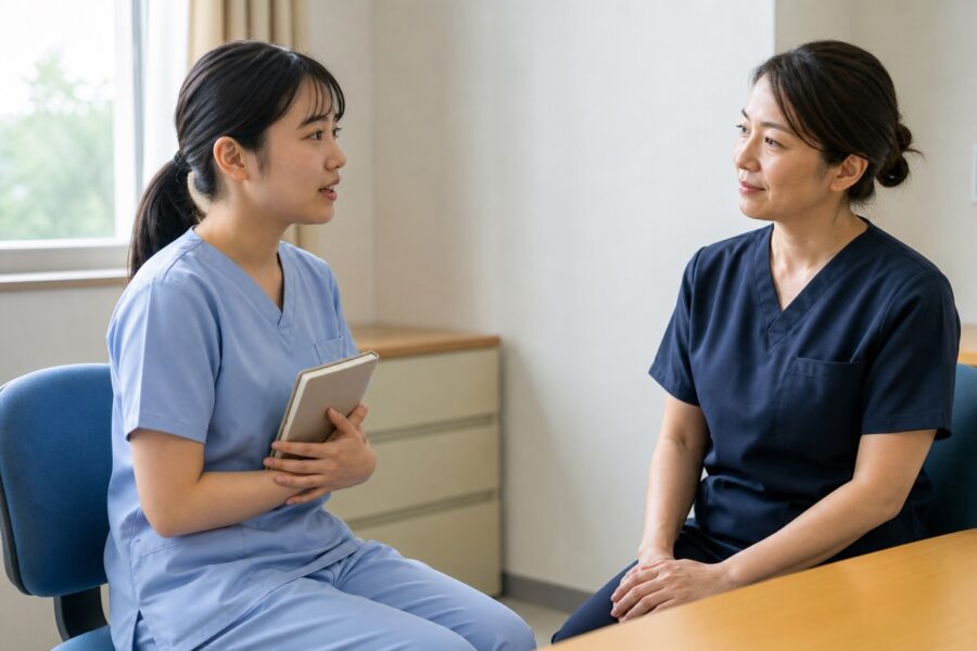 明るい部屋で先輩へ相談する新人看護師